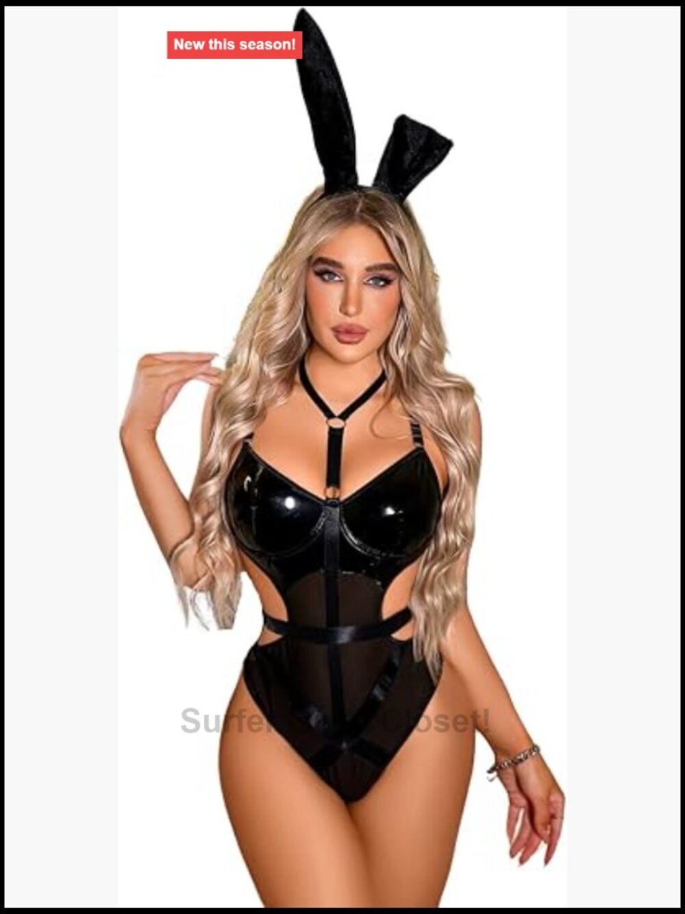 Wet Look Vinyl Mesh Bunny Costume Set with Ear Headband Underwire Rave Cosplay